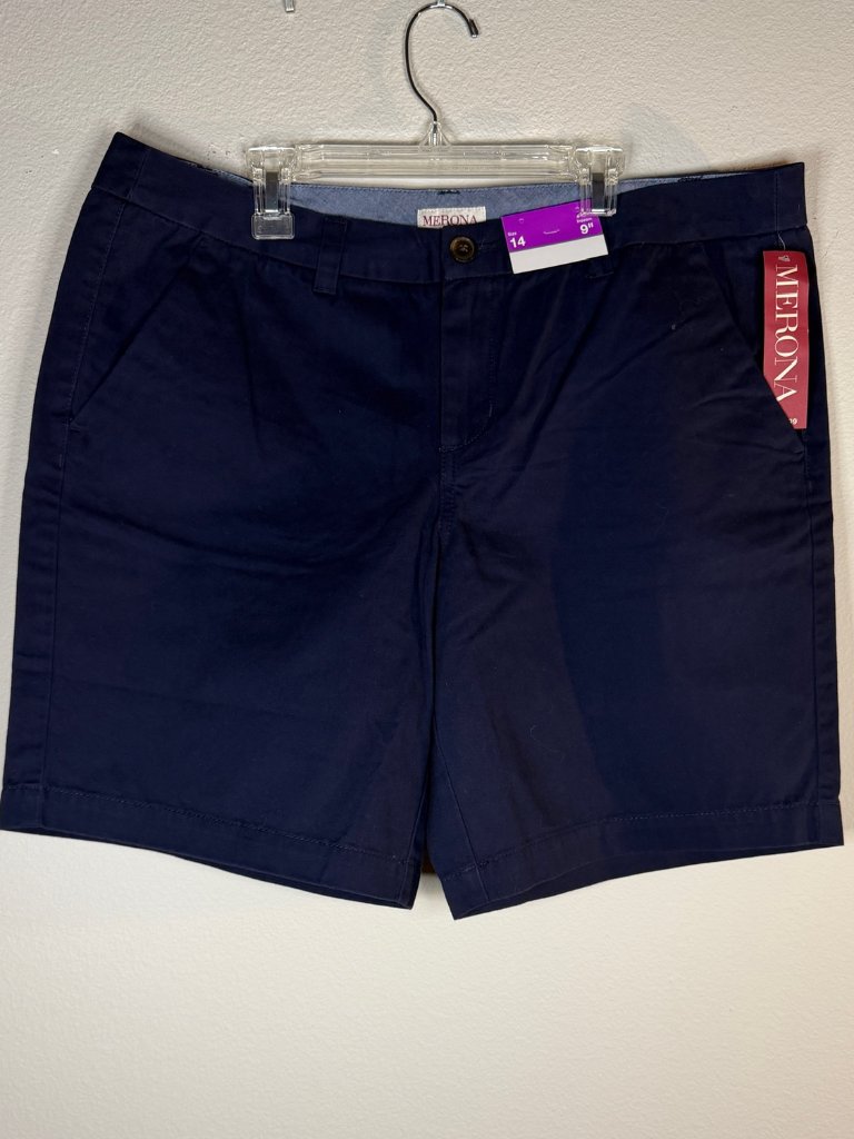 Nwt Merona Navy Shorts 9" Inseam Classic Flat Front Size 14